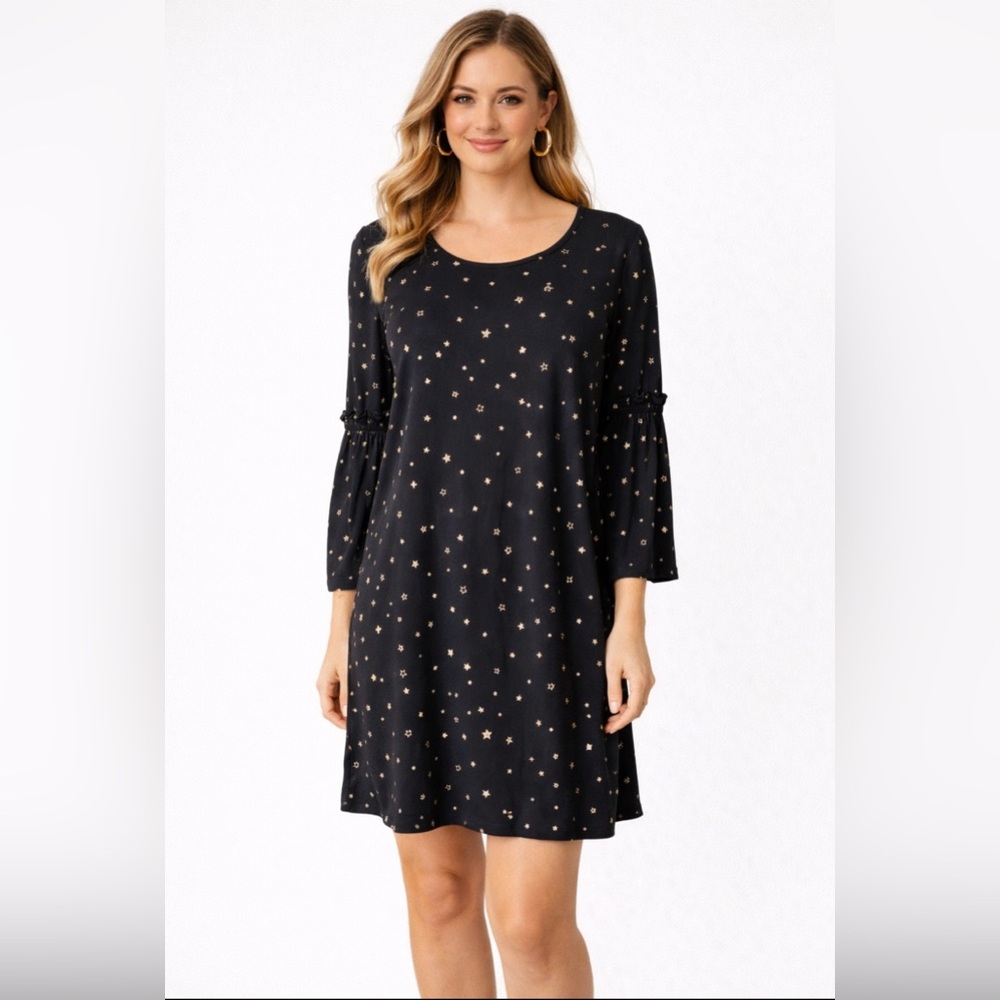 NEW Knot Sisters Black Gold Stars Long Sleeve Shift Dress S Small